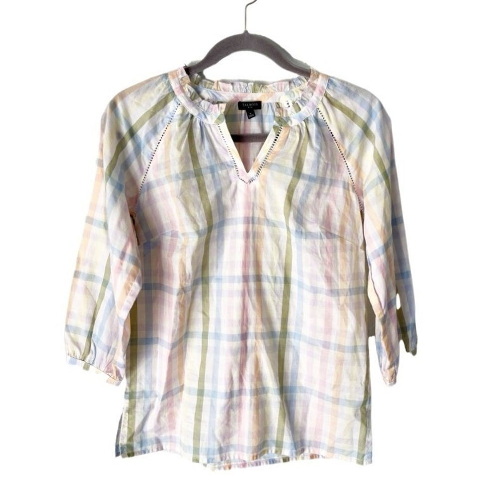 Talbots Petite Pastel Plaid Cotton Blouse Ruffle Neck 3/4‎ Sleeve Top P Multi